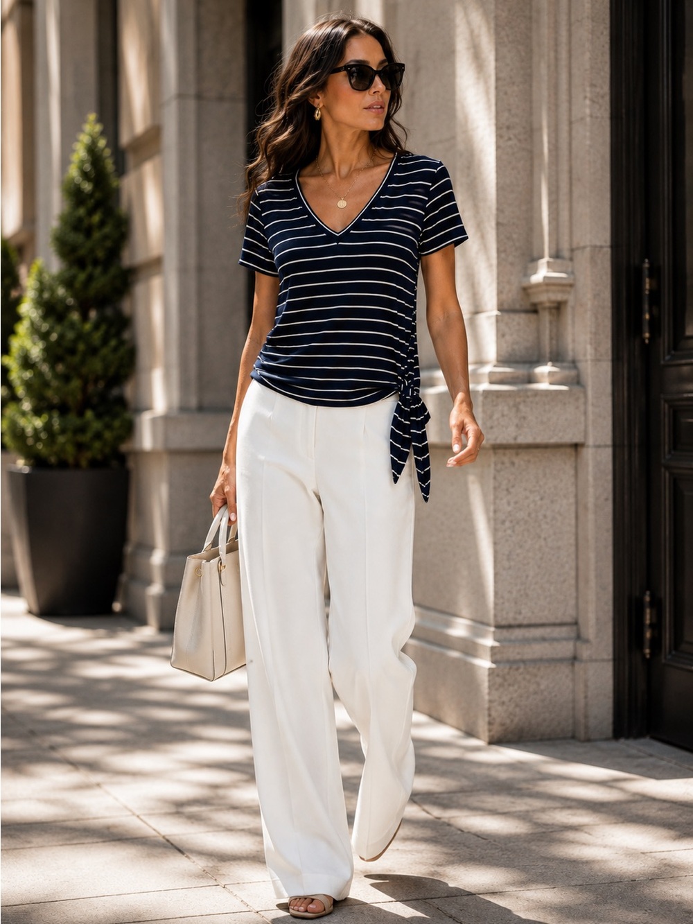MATTY M Navy White Striped V-Neck Side Tie Tee Soft Stretch Rayon Blend Sz L